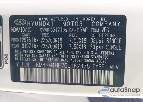 2016 Hyundai Santa Fe Se из США, поврежденный, VIN KM8SM4HF7GU162378